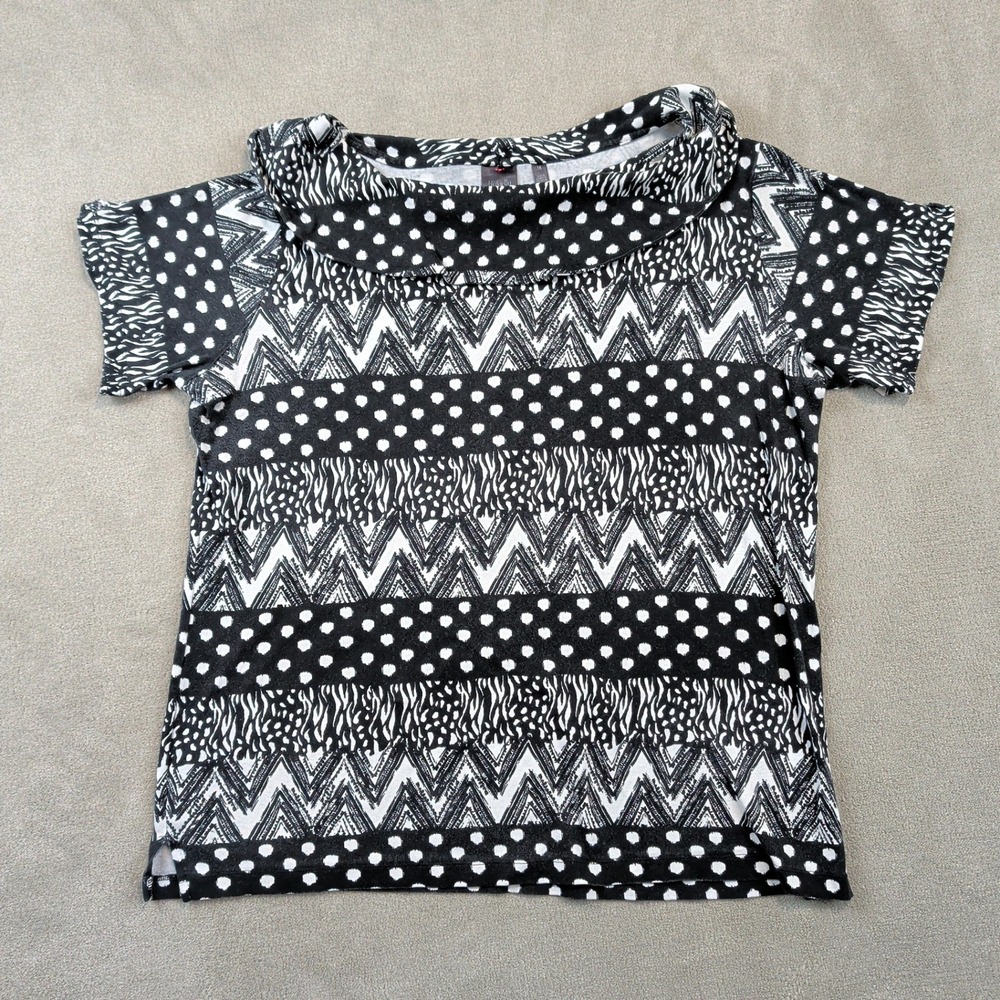 Rafaella Top 1X Womens Black White Mixed Print Cotton Cowl Neck Short Sleeve